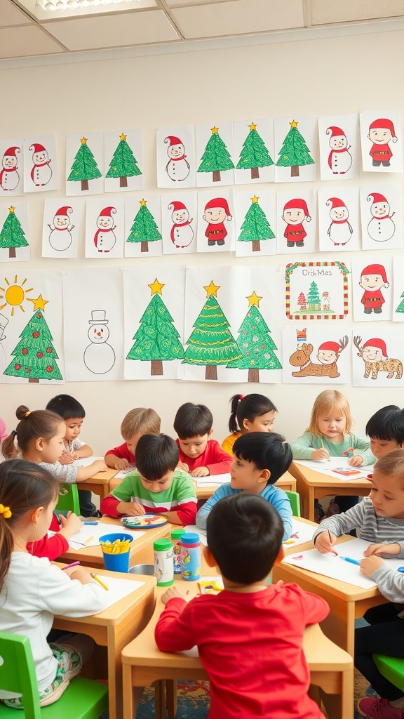 Kindergarten children drawing Christmas pictures in a colorful classroom.